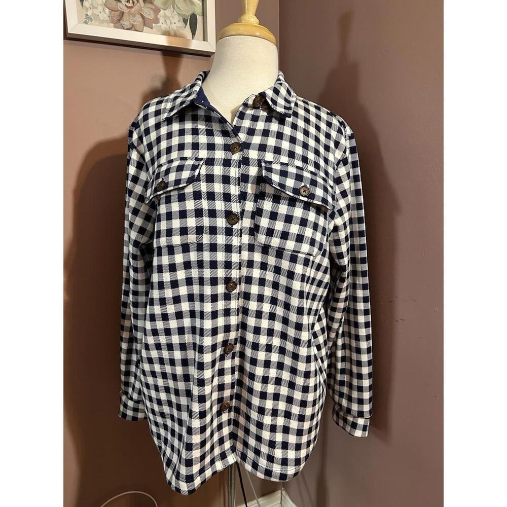 Lands End Serious Sweats Shirt Womens Size XL/ 18 Blue Gingham Button Up New